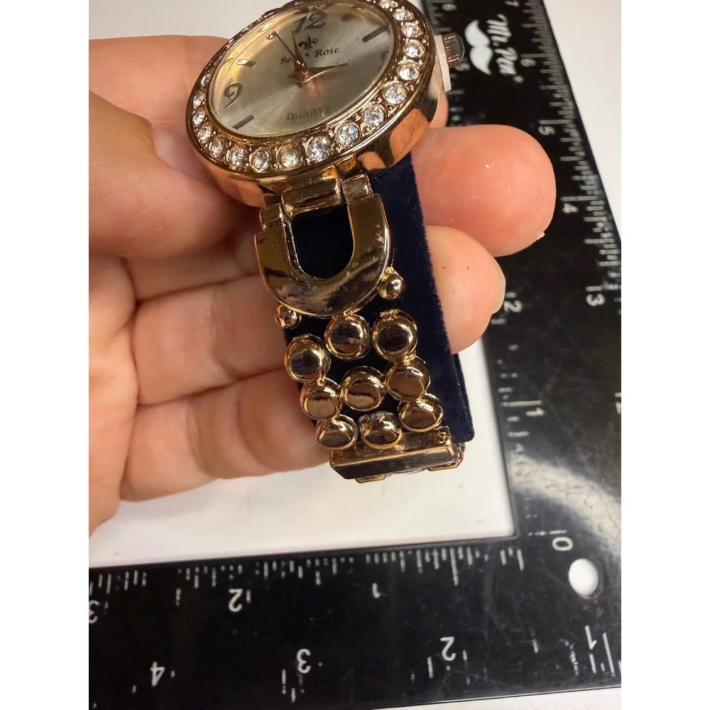 Belle & Rose Gold Tone Rhinestone Bezel Quartz Watch Fleur-de-Lis Dial